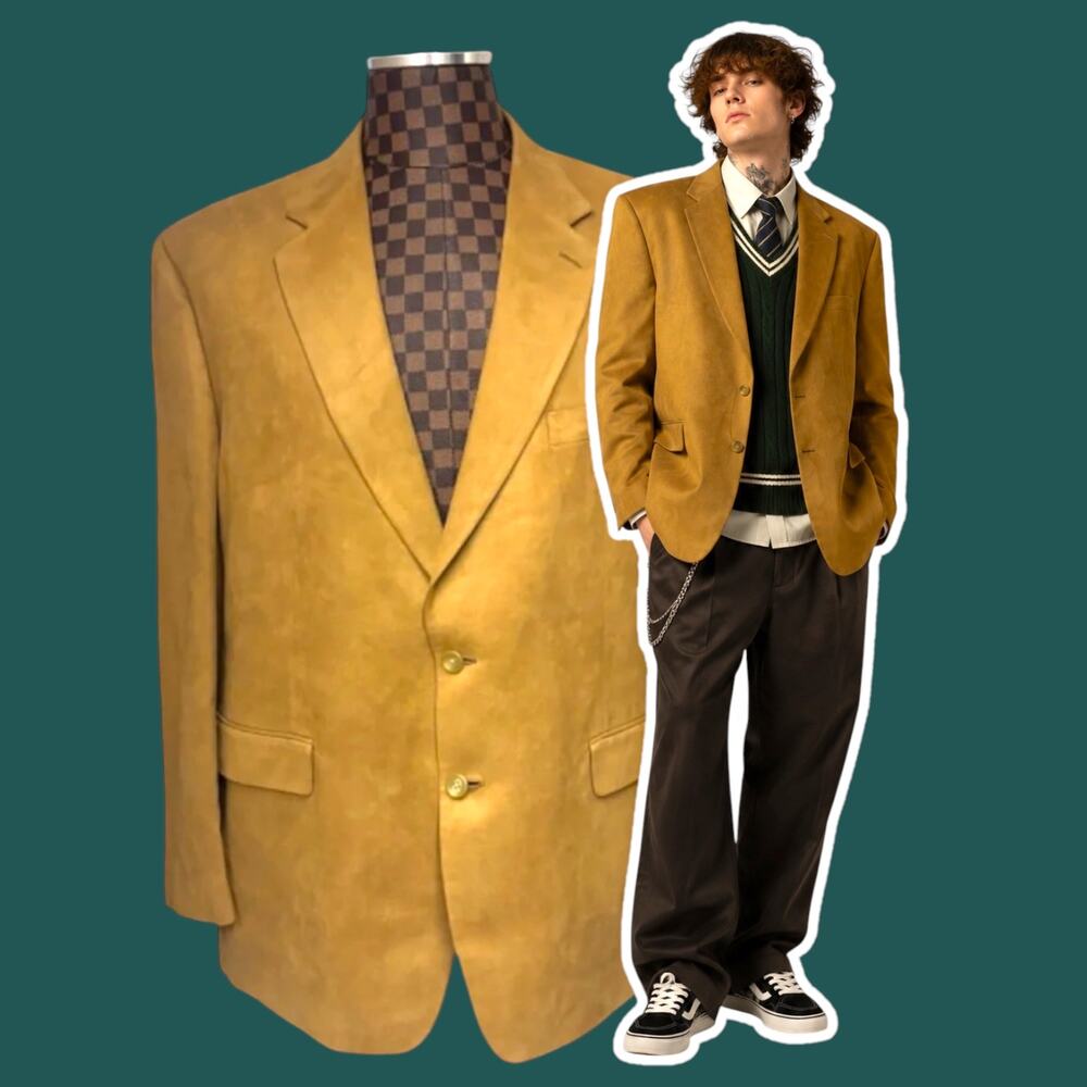 Chaps Mens Microfiber Blazer Camel Brown Size 48R Sports Coat Jacket Preppy Work